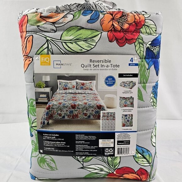 Mainstays Reversible Quilt Set In-a-Tote Full/Queen Grey Floral Bedding 4 PC Set - Picture 8 of 16